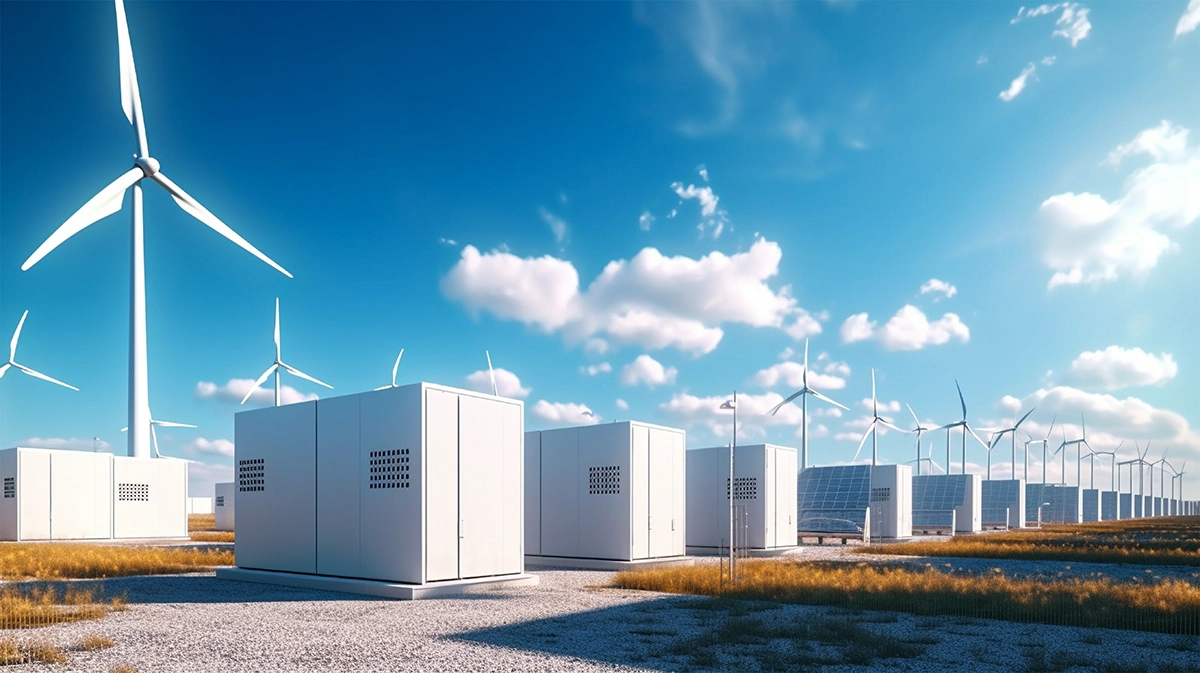 Campo abierto con baterías de almacenamiento energético y aerogeneradores, representando la integración de energías renovables y soluciones de almacenamiento en entornos rurales.